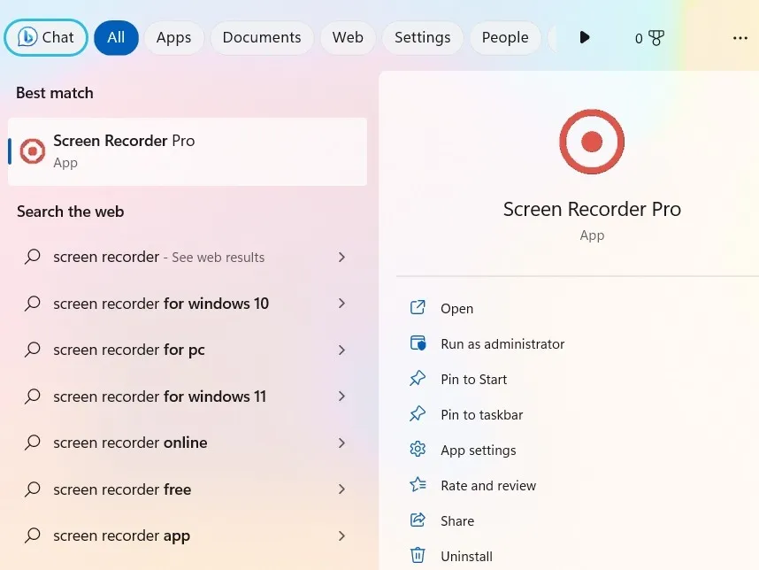 Screen Recorder Pro lanciato dalla casella di ricerca.