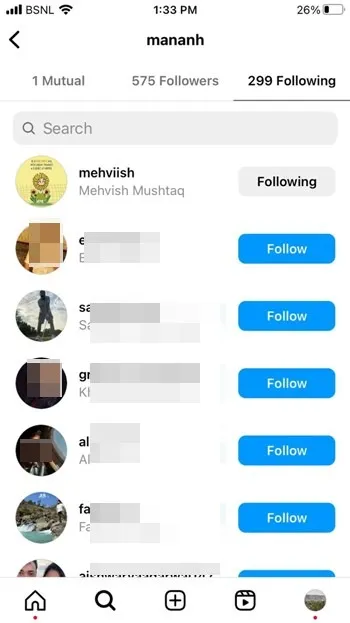 Lista de contatos de amigos em comum do Instagram