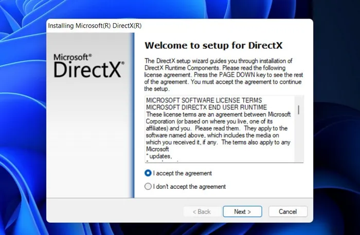 Pantalla de instalación de DirectX.