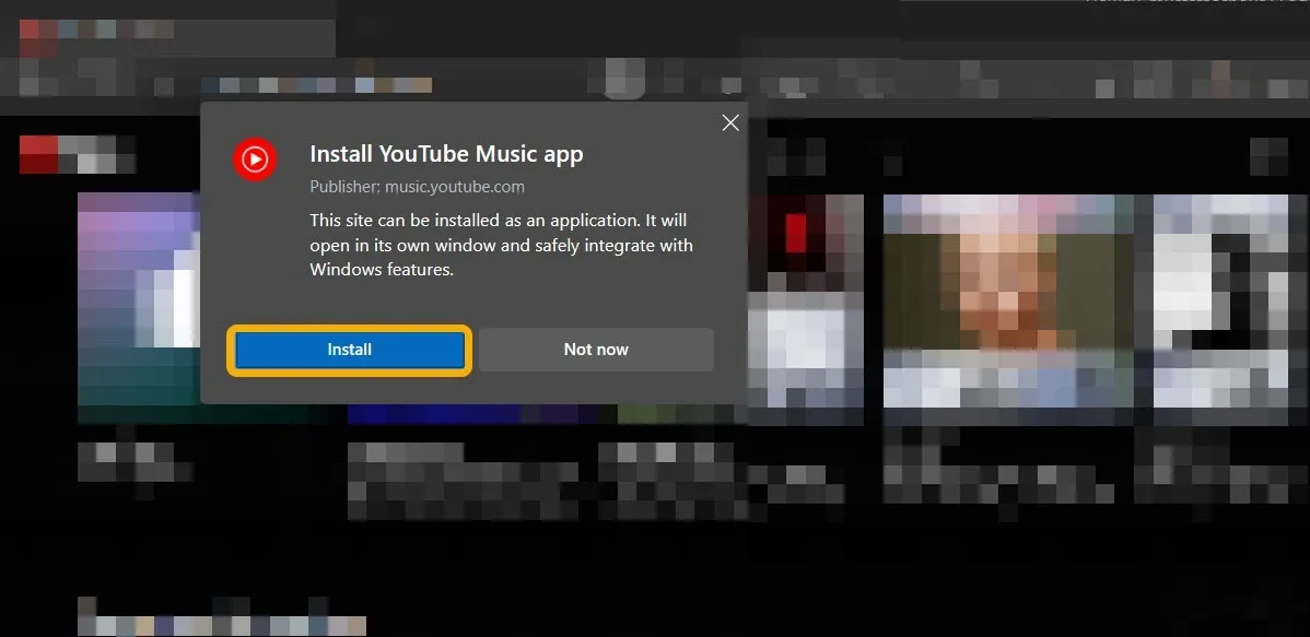 YouTube Music アプリのインストールのポップアップ確認。