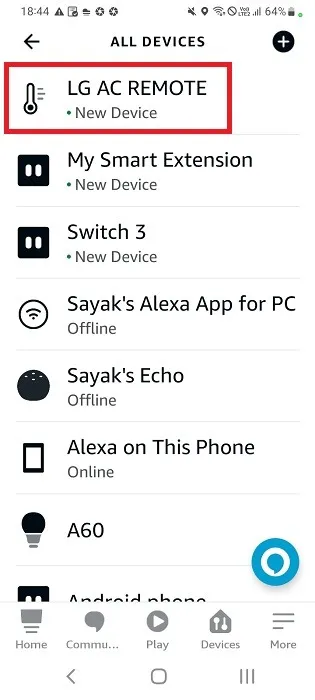 AC-afstandsbediening toegevoegd via IR-blaster zichtbaar op Alexa-app in Android.
