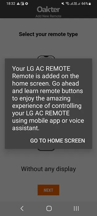 Controle remoto AC adicionado no aplicativo IR blaster para Android em sua tela inicial.