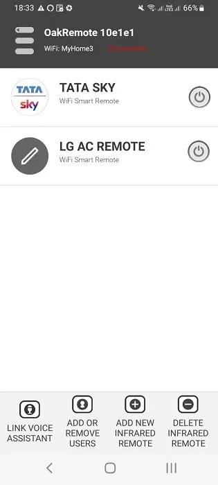 Lista de controles remotos exibidos no aplicativo IR blaster para Android.