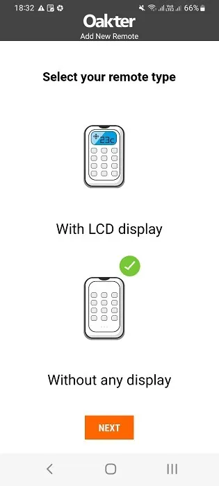 Type afstandsbediening zonder LCD-scherm geselecteerd in IR Blaster-app voor Android.