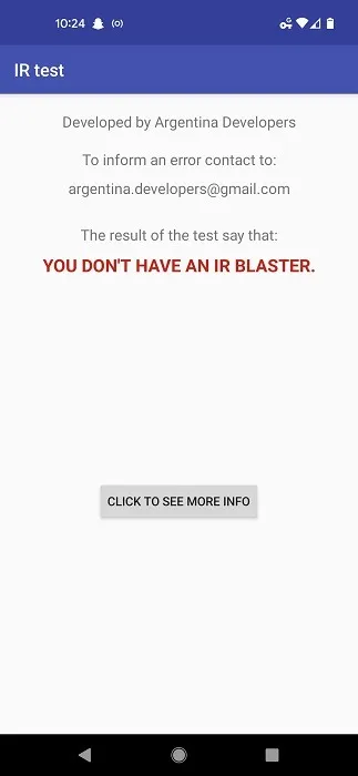 No tienes un mensaje de IR Blaster en la aplicación IR Tester para Android (Pixel 4a).