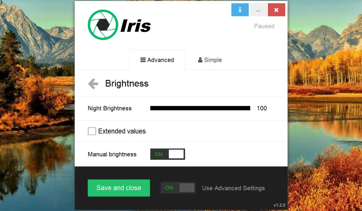 Iris Screen Dimmer 應用程序正在運行。