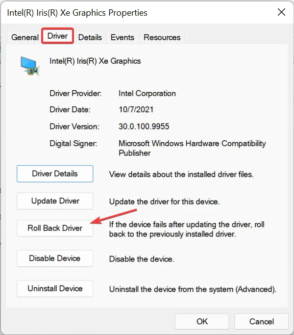 restaurer le pilote pour corriger le délai d'attente de l'écran Windows 11 ne fonctionne pas