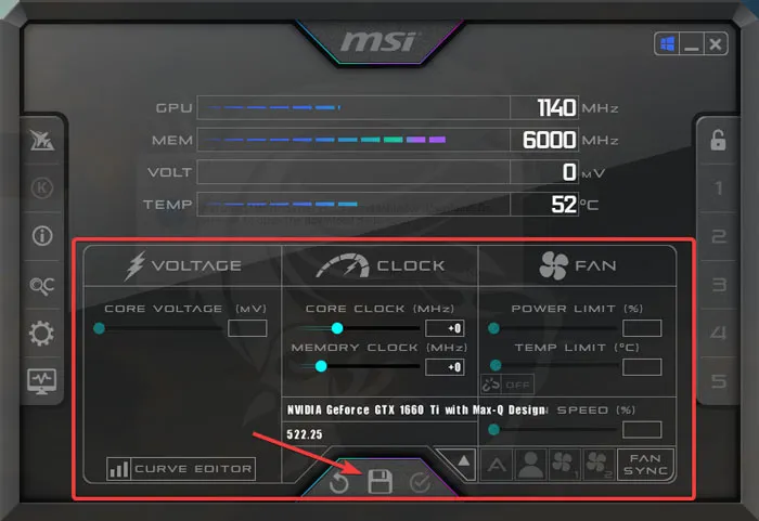 Options Msi Afterburner pour l'overclocking visibles.