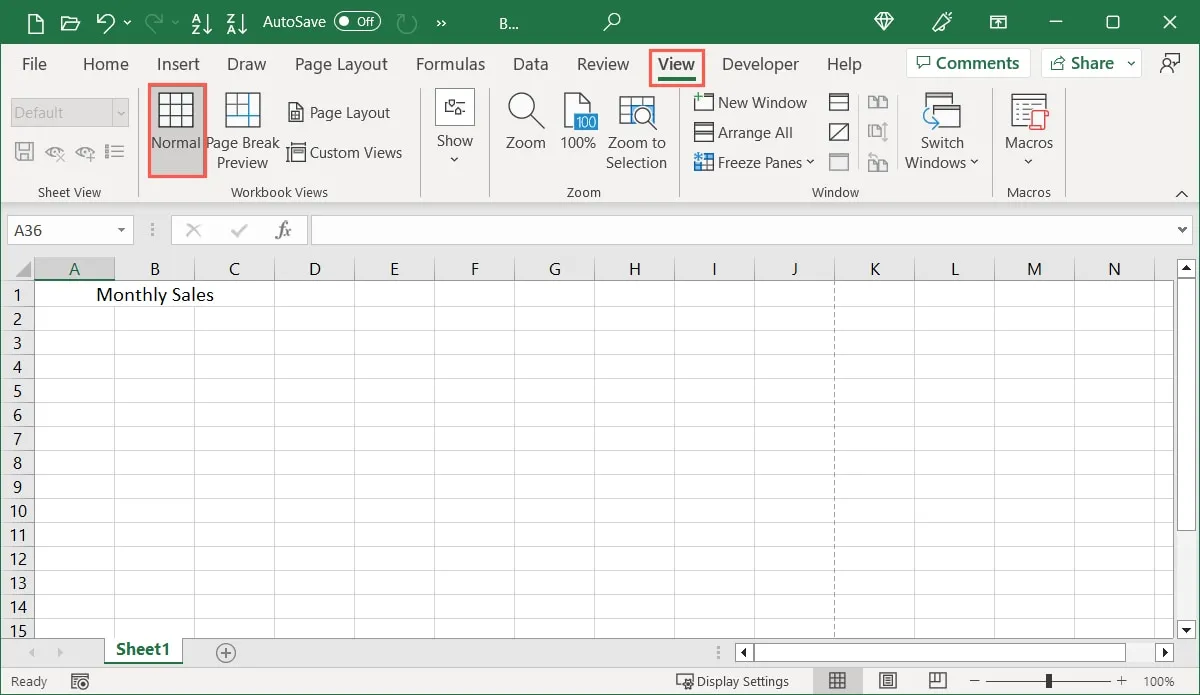 Excel で透かしが表示されない通常のビュー