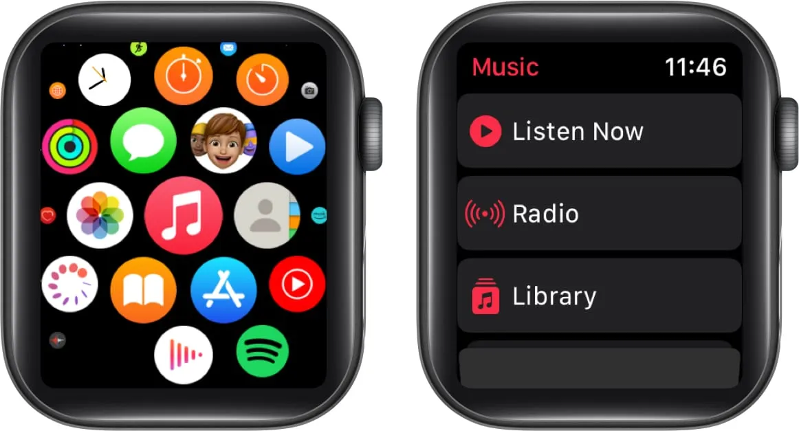 Apple Watch でミュージック アプリを開き、ライブラリをタップします。