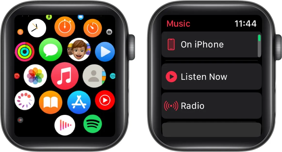 ミュージック アプリを開き、Apple Watch で [iPhone をタップ] をタップします