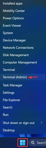 Clicando na opção Terminal (Admin) no menu WinX.