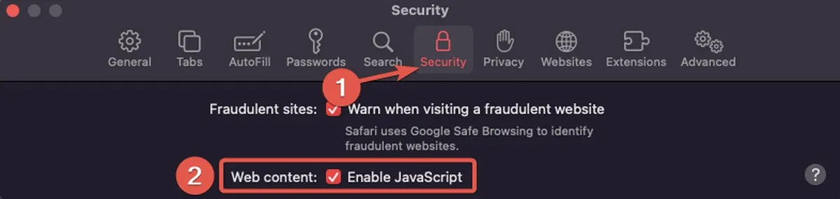 Lecture Activer Safari Javascript sous sécurité