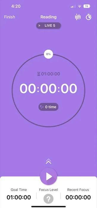 Page de démarrage de la minuterie Flip Focus de l'application Pomodoro Timer