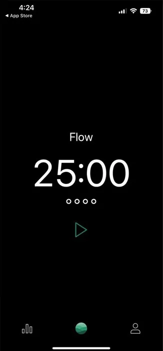 Página de inicio del temporizador de flujo de la aplicación Pomodoro Timer