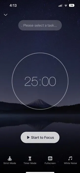 Foco do aplicativo Pomodoro Timer para fazer a página inicial do timer