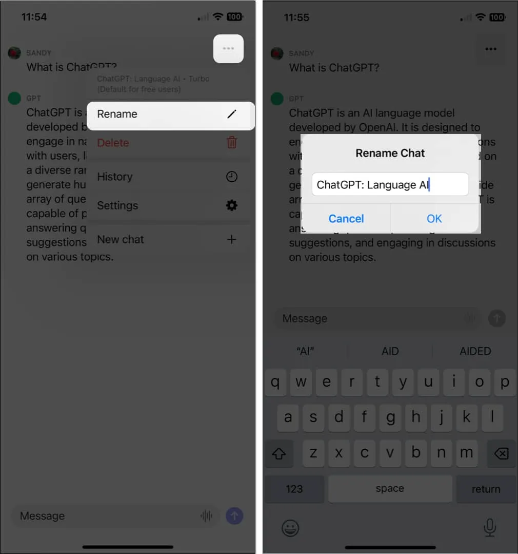 Renommer dans l'application iOS ChatGPT