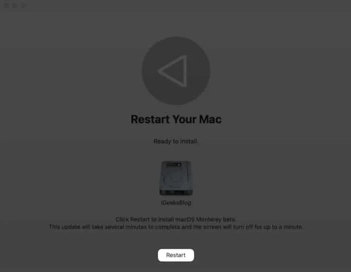 重新啟動 Mac 以安裝 macOS Monterey public beta 2