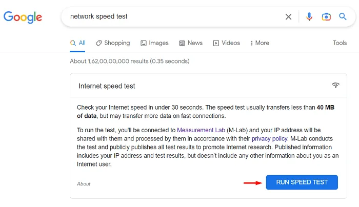 Exécutez le test de vitesse du réseau sur Chrome