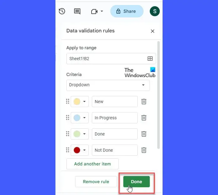Enregistrer une règle de validation des données dans Google Sheets