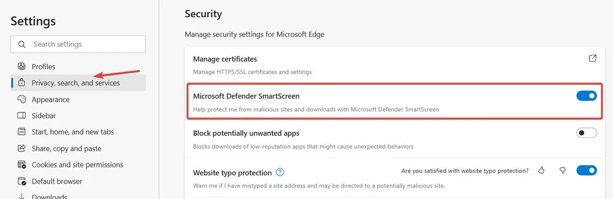 Impostazioni di sicurezza in Microsoft Edge