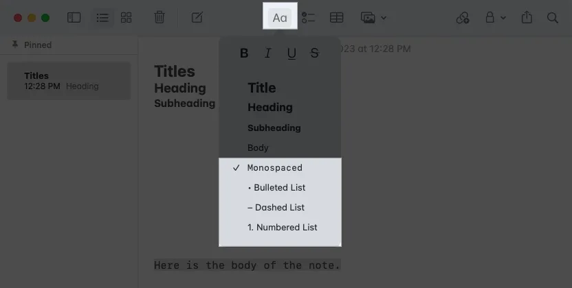 在 mac 上的筆記應用程序中選擇格式樣式