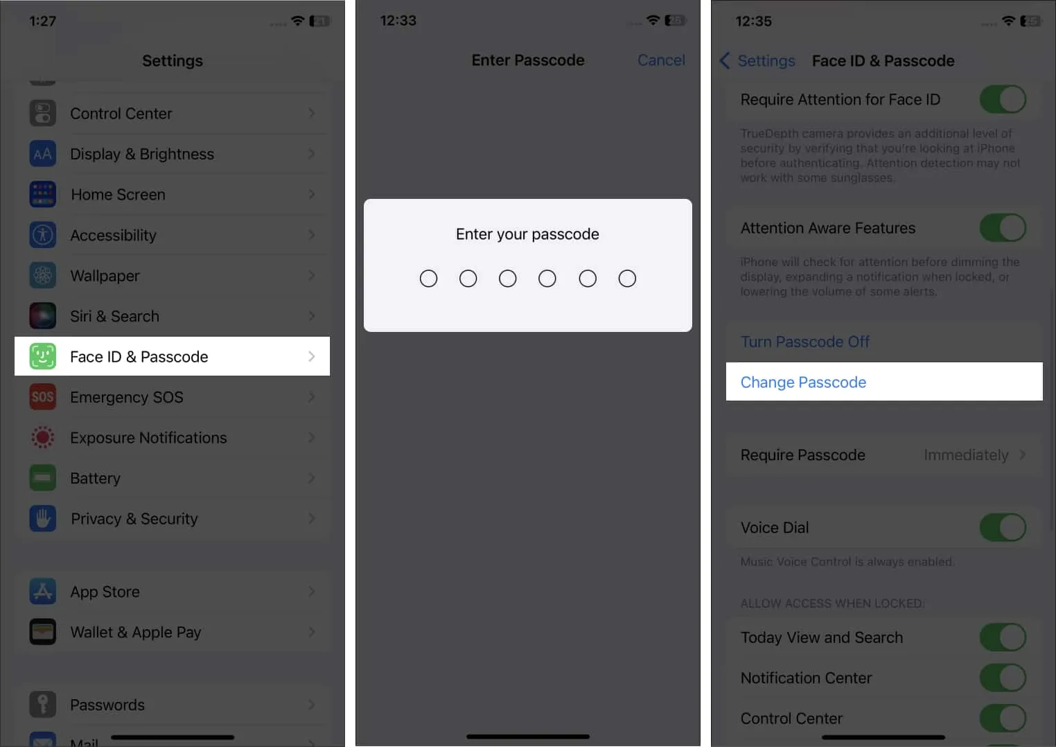 Sélectionnez Modifier le code d'accès dans l'application Paramètres de l'iPhone