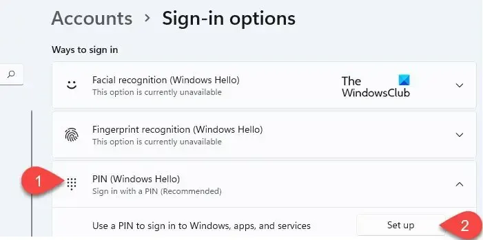Windows での PIN オプションのセットアップ