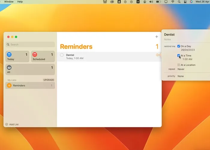 Mac でアラームを設定する リマインダー アプリで日付と時刻を設定する