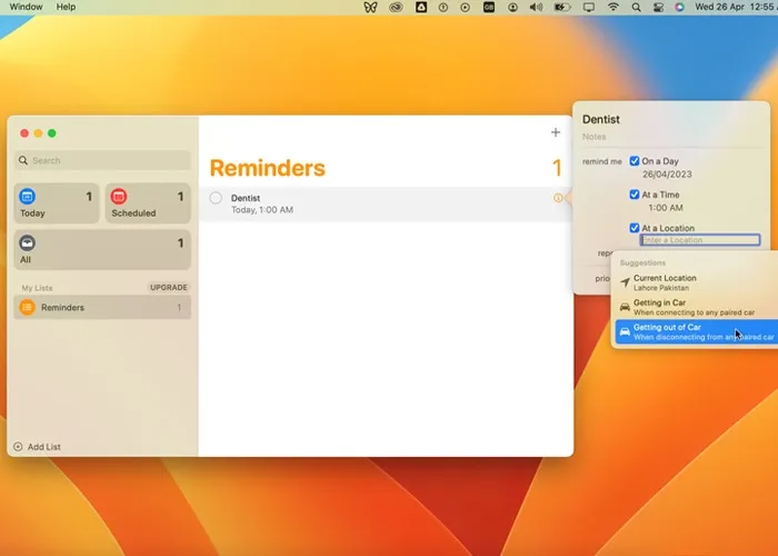 在 Mac 上設置鬧鐘 Reminders App 設置位置