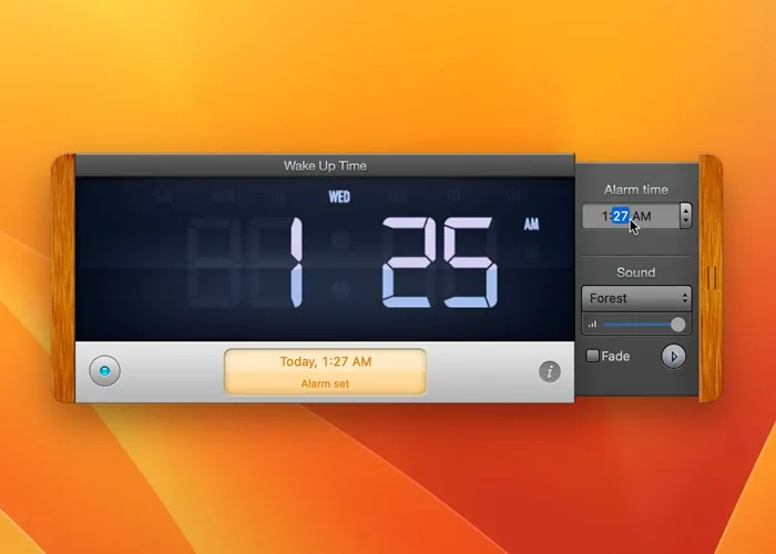 Configuración de alarma en Mac Wake Up Time App Alarm Set Right Menu
