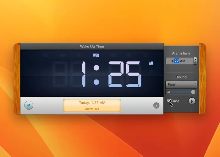 Configuración de alarma en Mac Wake Up Time Opción de desvanecimiento de la aplicación Menú derecho