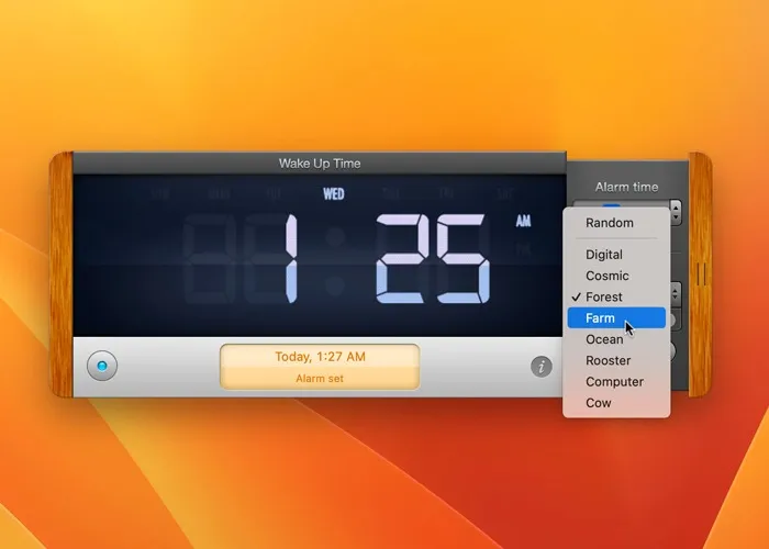 Alarm instellen op Mac Wektijd App-geluid Stel rechts menu in
