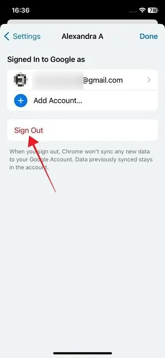 Déconnexion du compte Google via l'application Chrome pour iOS.