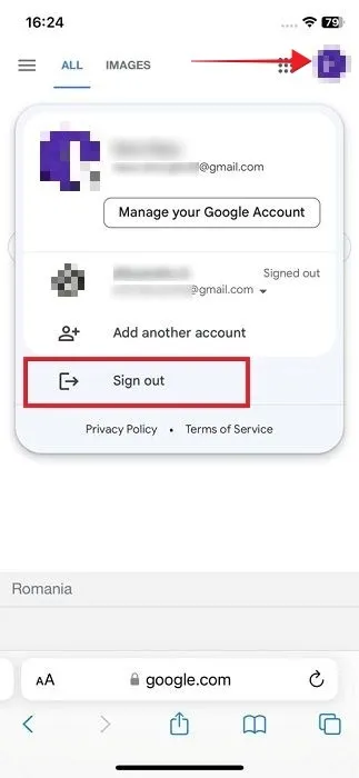 Déconnexion du compte Google dans Safari sur iOS.