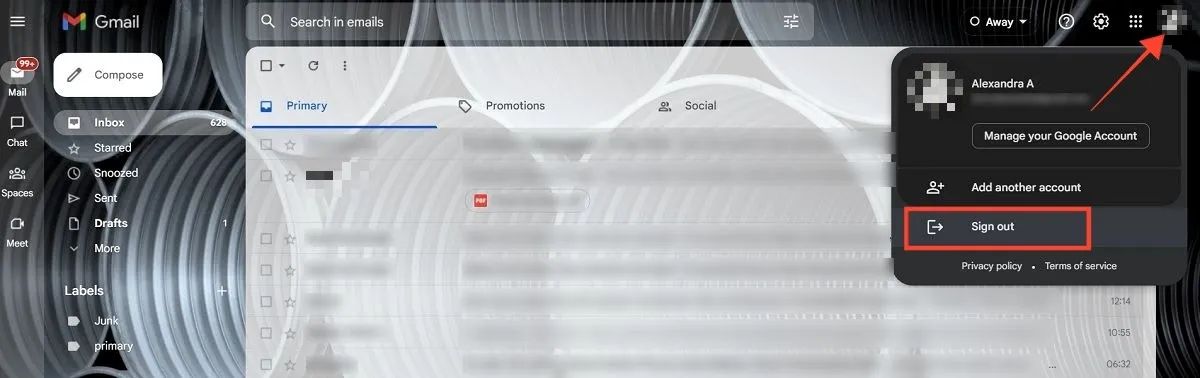 Déconnexion du compte Google via Gmail sur le Web.