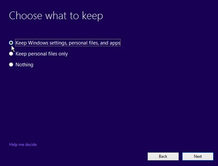 開始菜單選擇 Windows 安裝過程中要保留的內容