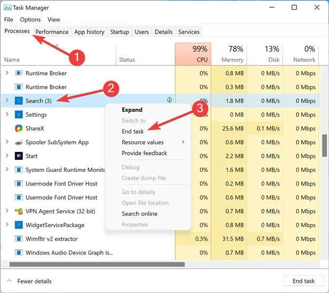 Menu Start Terminare la ricerca di Windows su Task Manager