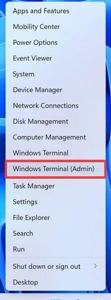 Menu Démarrer Ouverture du terminal Windows