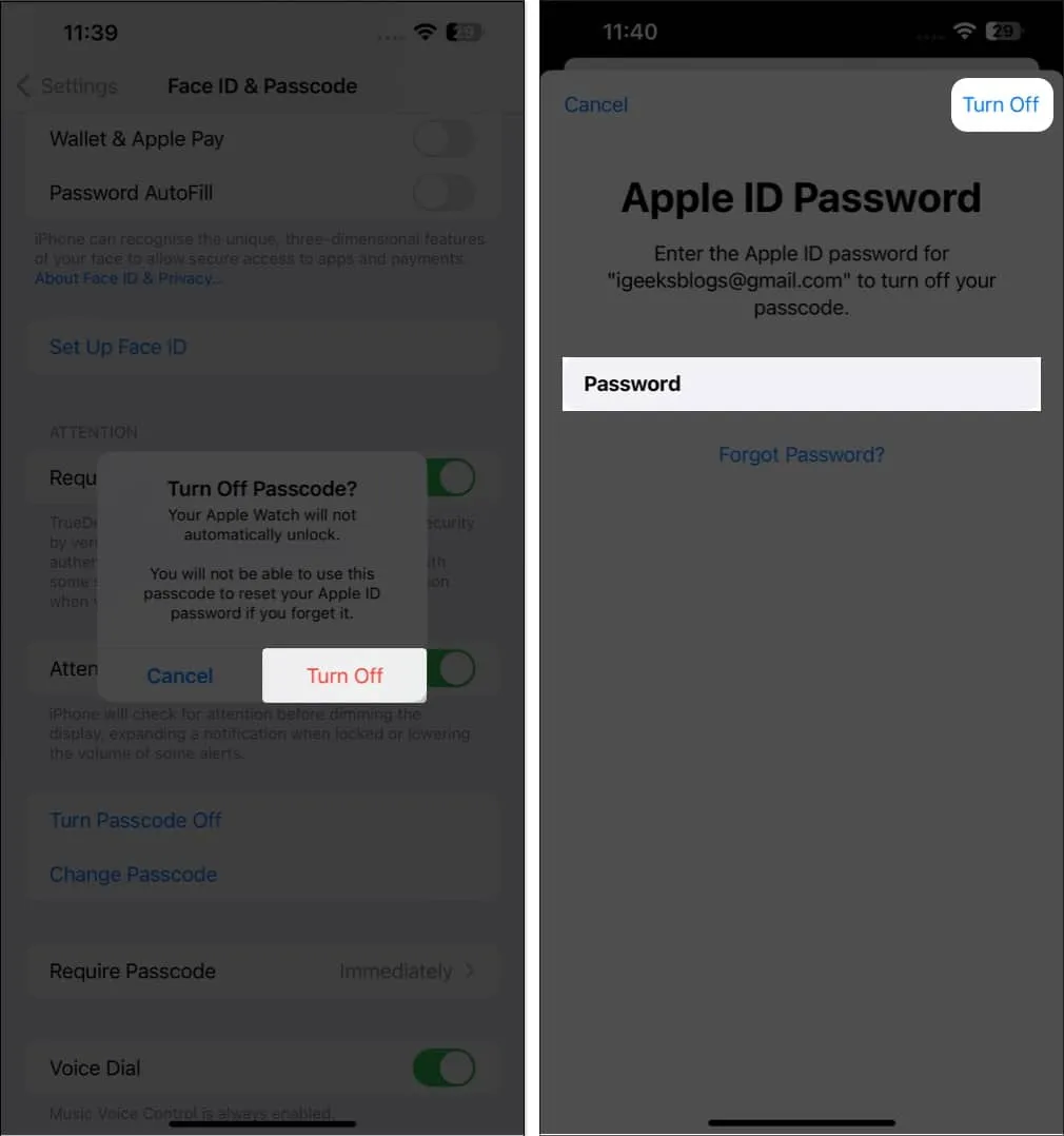 オフをタップ、Apple IDのパスワードを入力、設定でオフをタップ