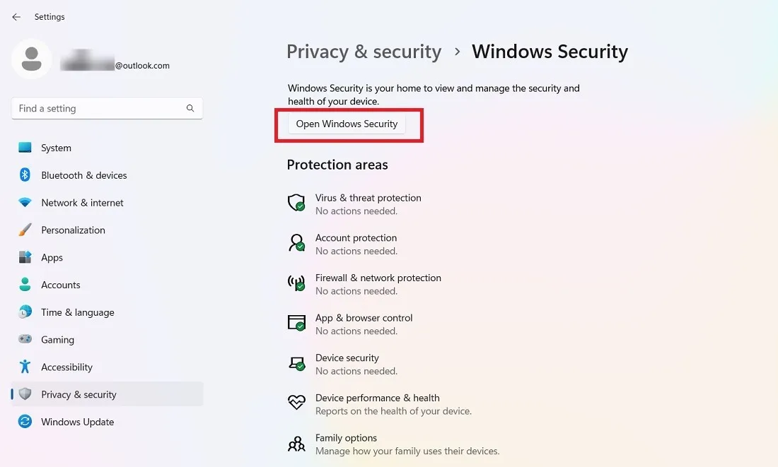 Open Windows-beveiliging onder Windows-beveiligingsinstellingen.