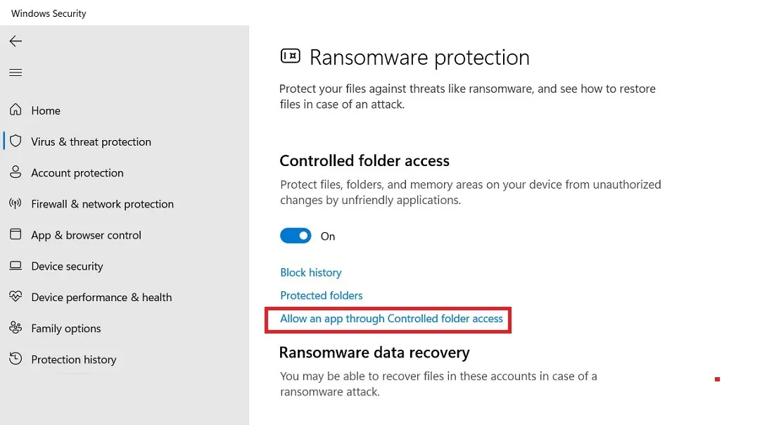 Sta een app toe via gecontroleerde maptoegang in Ransomware-beveiliging van Windows Security.
