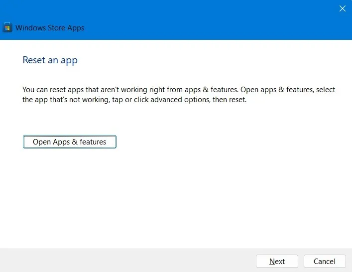 Reset app-optie in Windows Store Apps Troubleshooter.