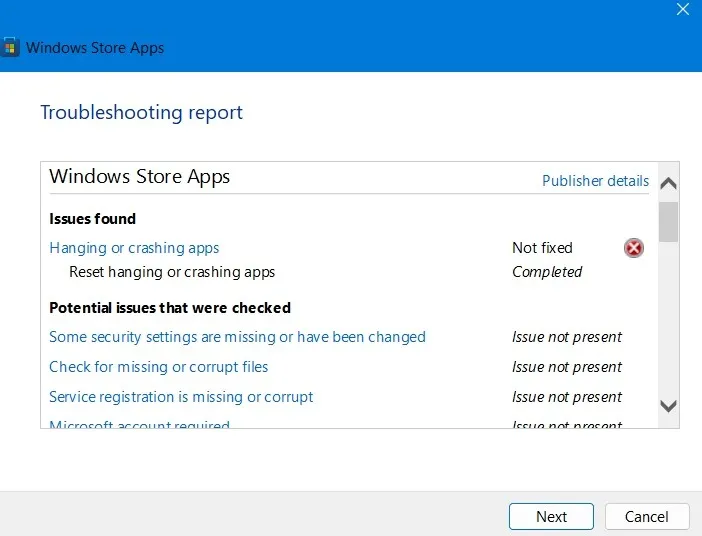 Probleemoplossing voor Windows Store-apps geeft details over problemen en problemen.
