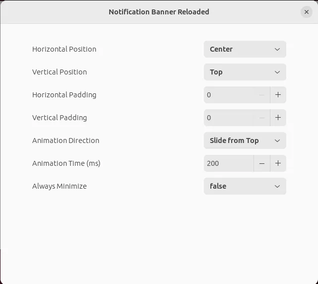 Une capture d'écran du menu des paramètres pour Notification Banner Reloaded.