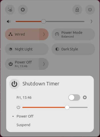 Een screenshot van het aangepaste energiemenu van de Shutdown Timer.
