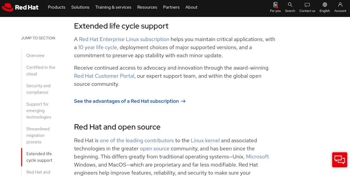 延長サポートに関する RHEL Web ページのスクリーンショット。