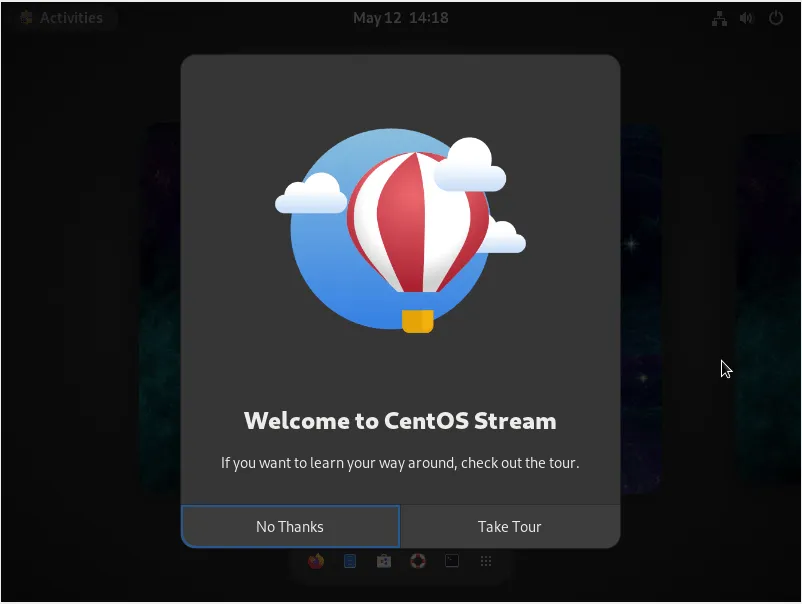 Une capture d'écran du bureau du serveur CentOS Stream.