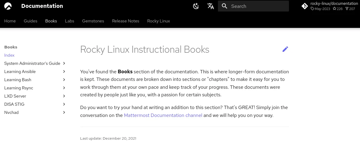 Rocky Linux 文檔頁面的屏幕截圖。