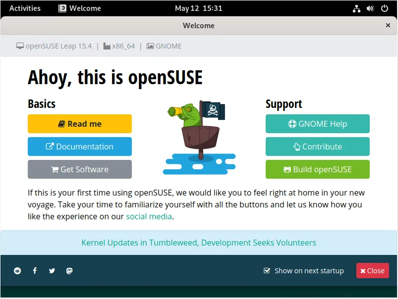 Een screenshot van het welkomstscherm van OpenSUSE Leap.